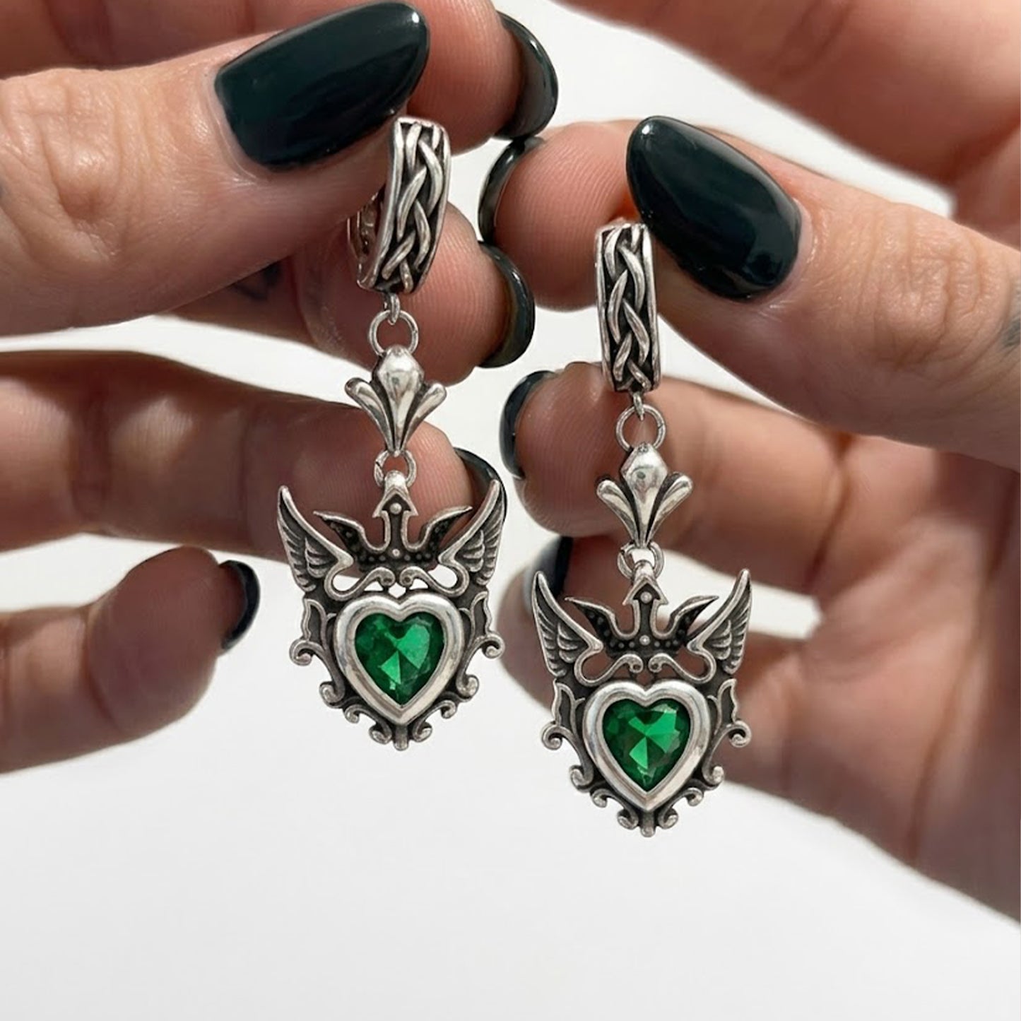 Green heart gothic hoop earrings
