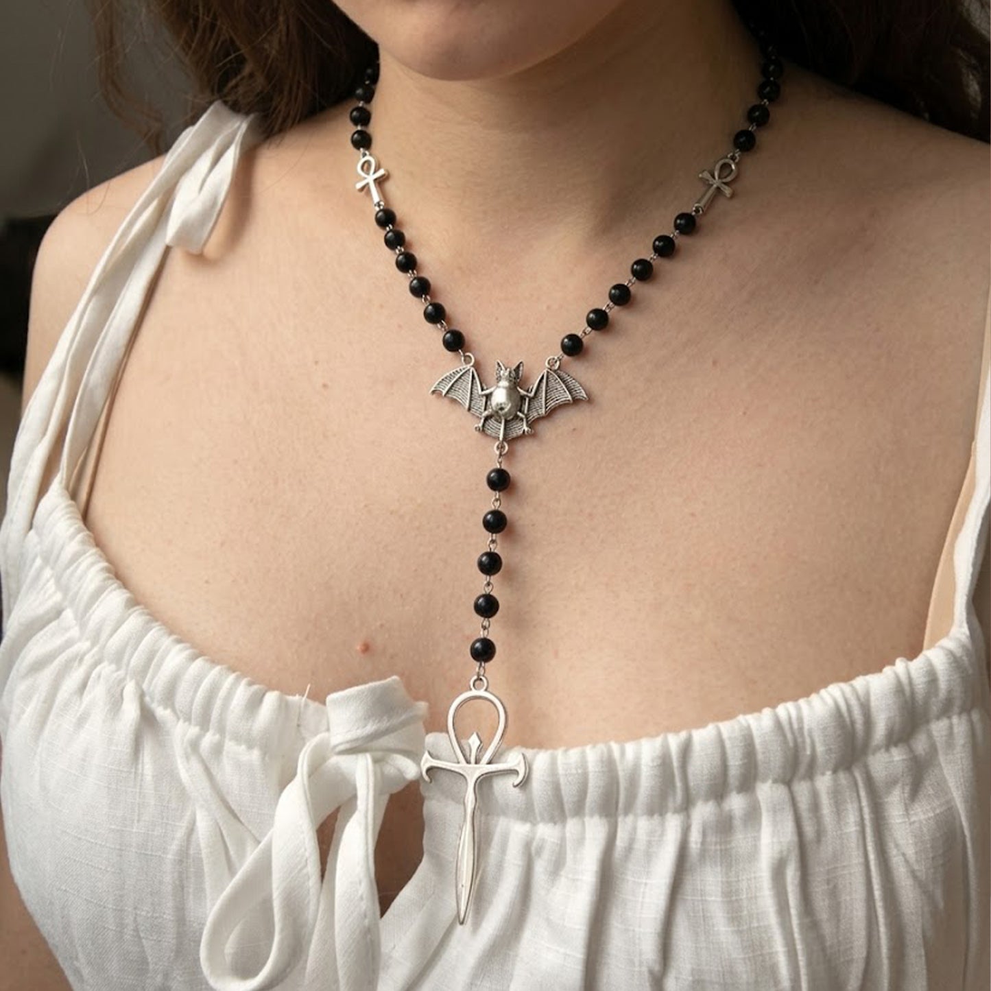 Gothic Bat Ankh Cross Necklace