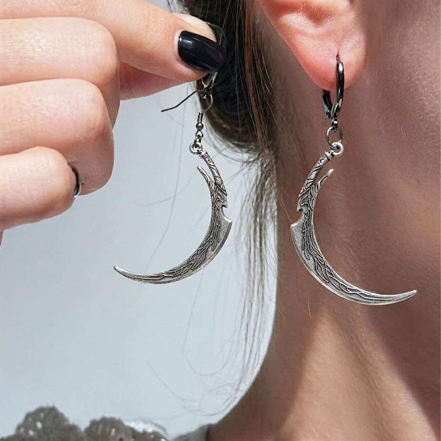 Large Fantasy Scythe Silver Tone Earrings