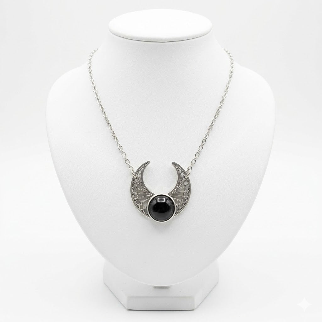 Gothic Moon Necklace in Natural Black Onyx