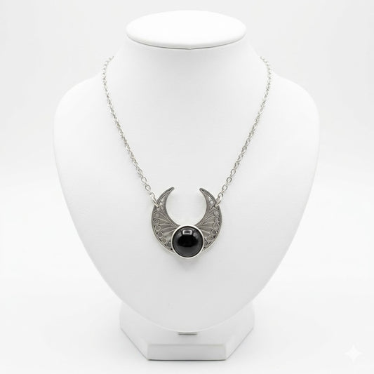 Gothic Moon Necklace in Natural Black Onyx