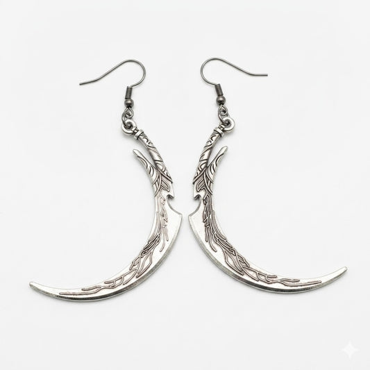 Large Fantasy Scythe Silver Tone Earrings