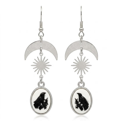 Silvery Moon Sun Decor with Oval Pendant Bird Print Dangle Earrings