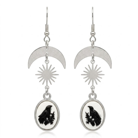 Silvery Moon Sun Decor with Oval Pendant Bird Print Dangle Earrings