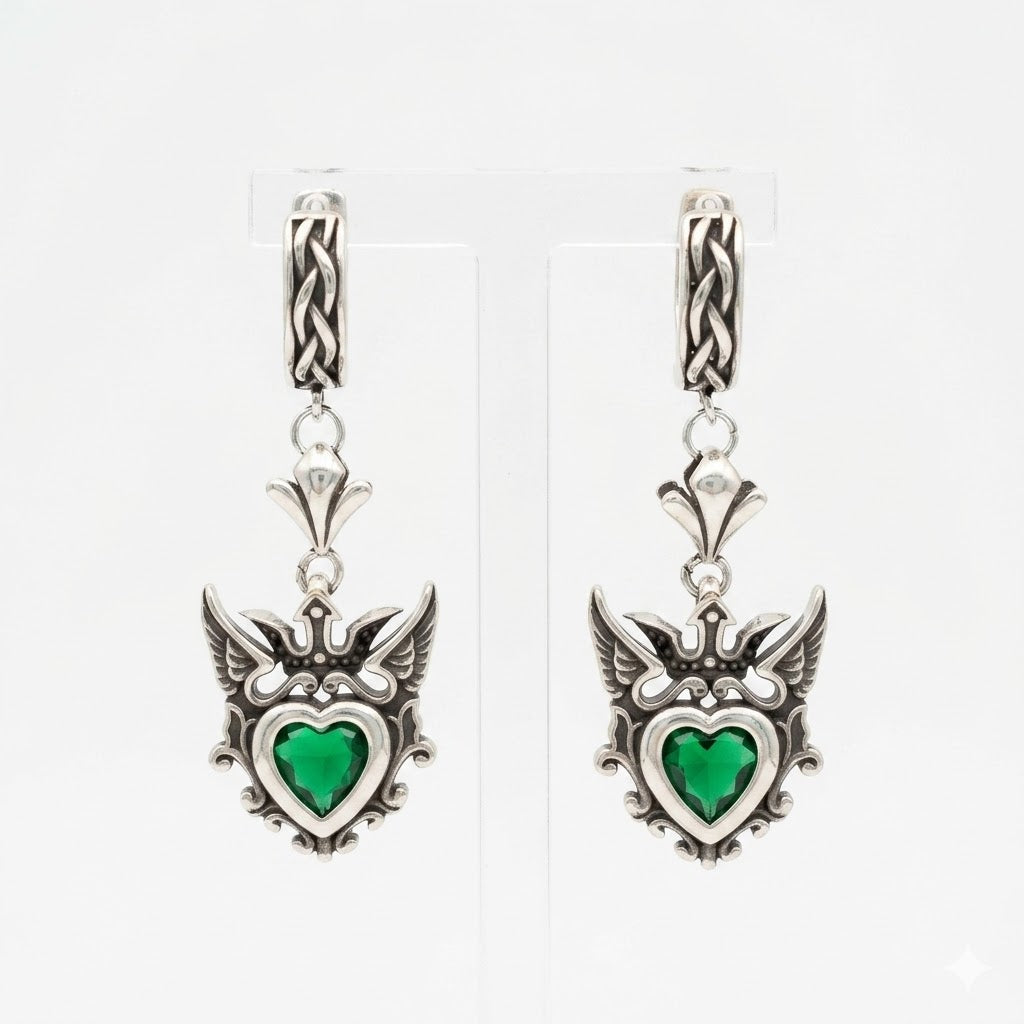 Green heart gothic hoop earrings