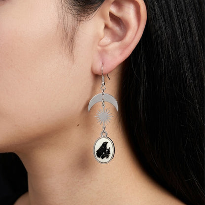 Silvery Moon Sun Decor with Oval Pendant Bird Print Dangle Earrings