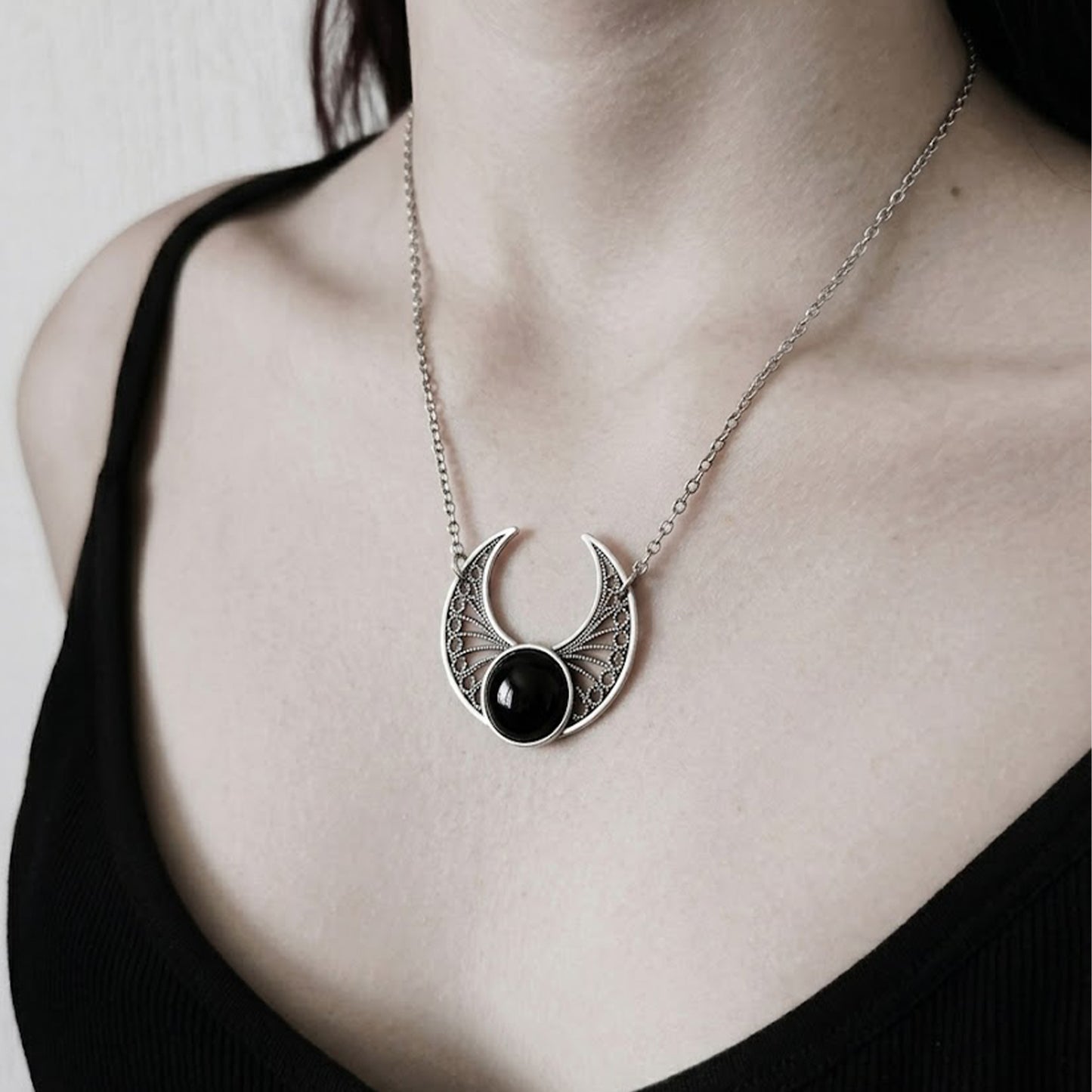 Gothic Moon Necklace in Natural Black Onyx